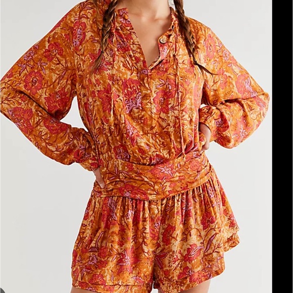 Free People Floral Print Dance ‘Til Dawne Romper in Gold - Picture 1 of 2